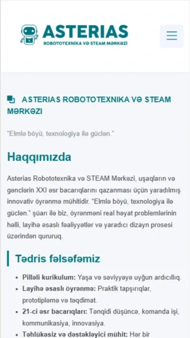Asterias – Robototexnika və STEAM Təhsil Mərkəzi Veb Platforması — mobil 3 | Code Symphony