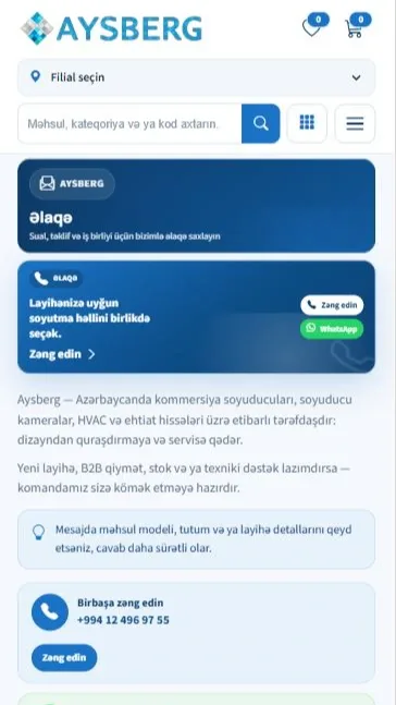 Aysberg.az - Peşəkar Soyutma Sistemləri və B2B E-Ticarət Platforması — mobil 3 | Code Symphony