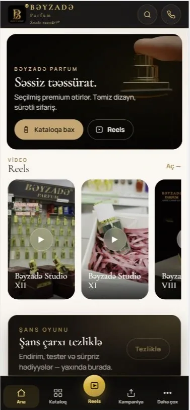 Beyzade.az - Premium Parfüm və Reels İnteraktiv E-Ticarət Platforması — mobil