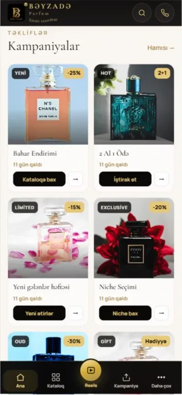 Beyzade.az - Premium Parfüm və Reels İnteraktiv E-Ticarət Platforması — mobil 3 | Code Symphony