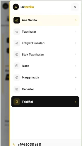 UniTexnika – Sənaye Texnikası Satışı, İcarəsi və Servis Platforması — mobil 2 | Code Symphony