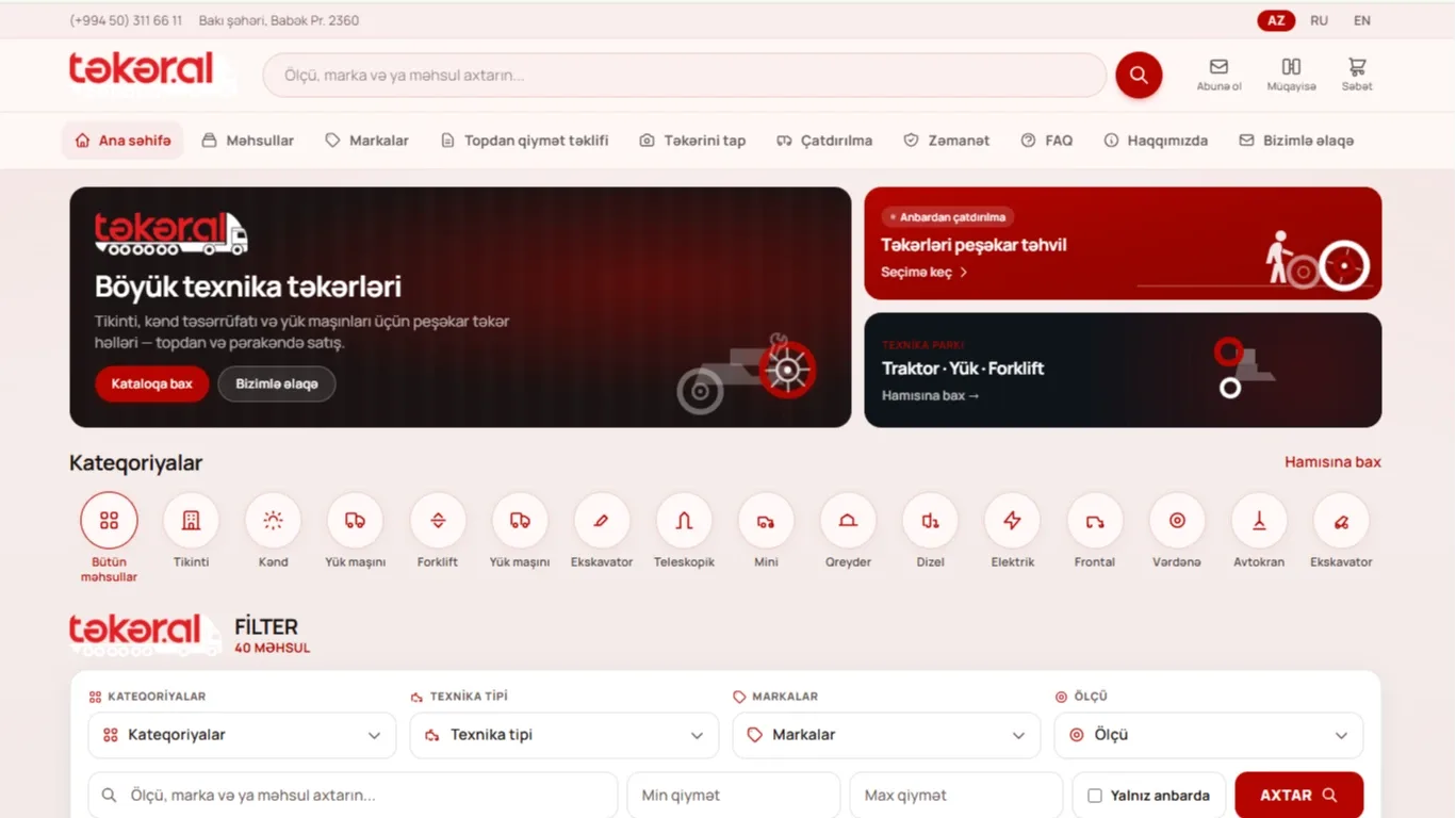 Təkər.al – Xüsusi Texnika , E-Ticarət Platforması — desktop