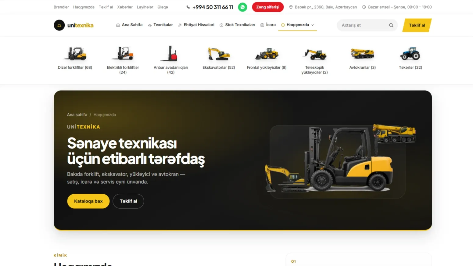 UniTexnika – Sənaye Texnikası Satışı, İcarəsi və Servis Platforması — desktop